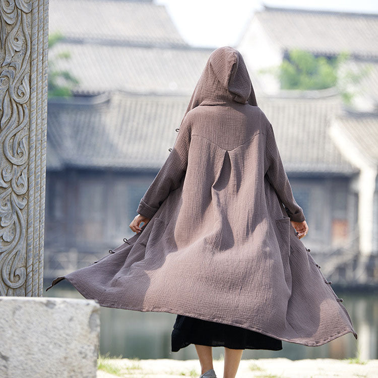 Women Hooded Cotton Dress Coat Casual Loose Robes Long Sleeves Cardigan Dress SE22792