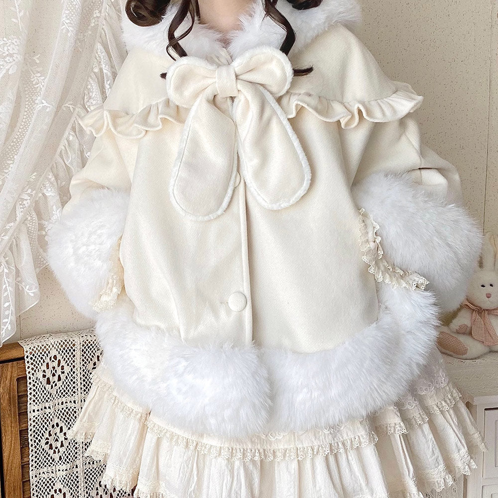 Woolen Rabbit Bow Cape Hoodie SE23701