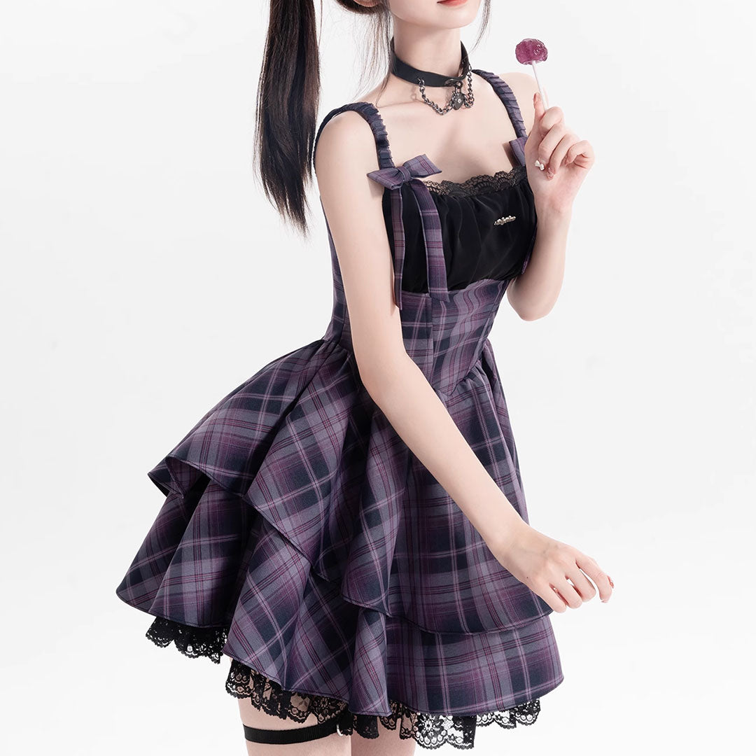 Lace Bow Purple Plaid Dress Set SE22787