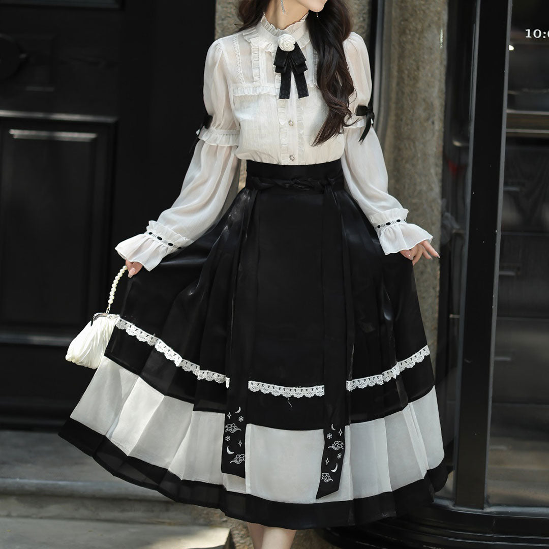 Floral White Shirt Black Bow Skirt Set SE22779