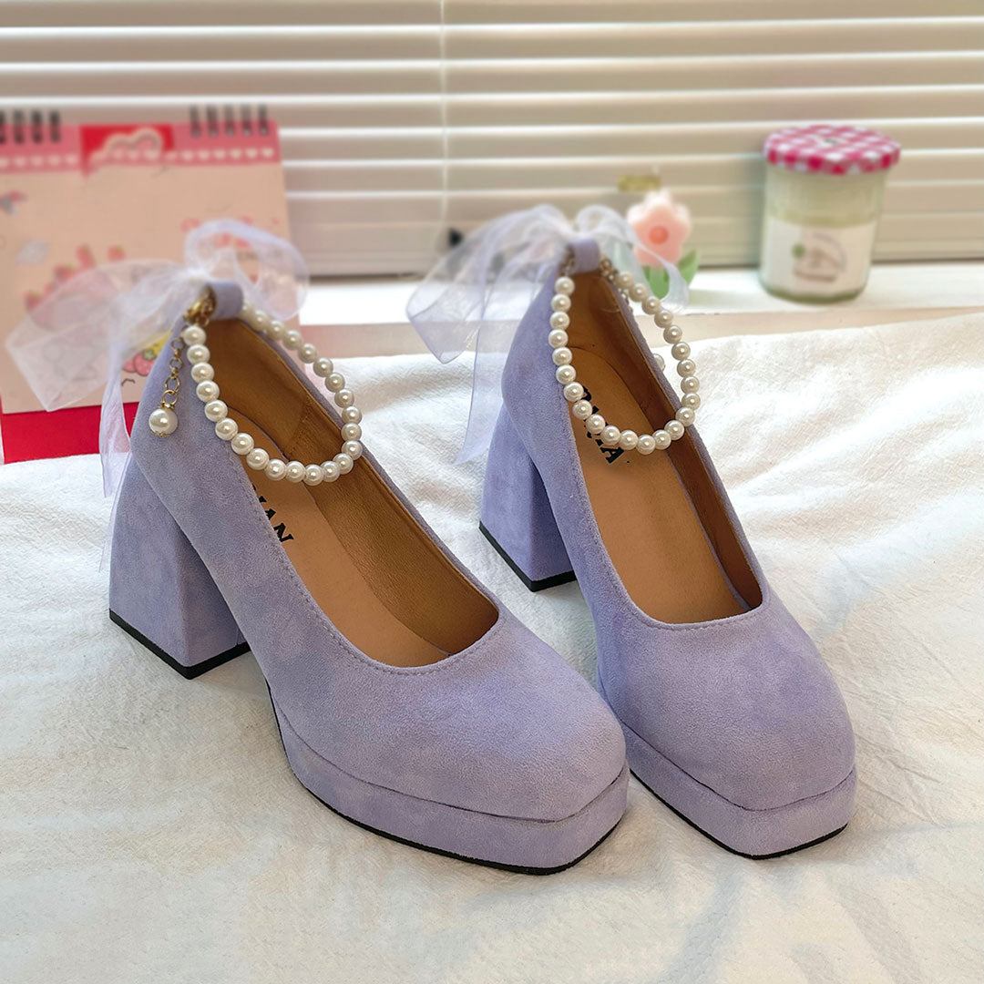 Bow Beaded Chunky Heels Shoes SE23134