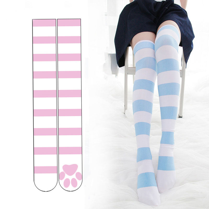 Lolita Over Knee Socks Strip Kawaii Cat Paw JK Stockings SE22459
