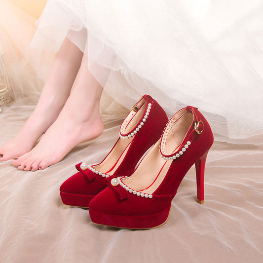 Beaded Red Bow Heels Shoes SE22652