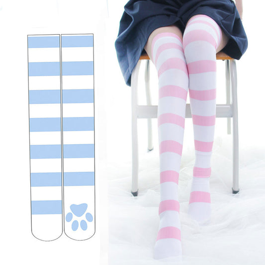 Lolita Over Knee Socks Strip Kawaii Cat Paw JK Stockings SE22459