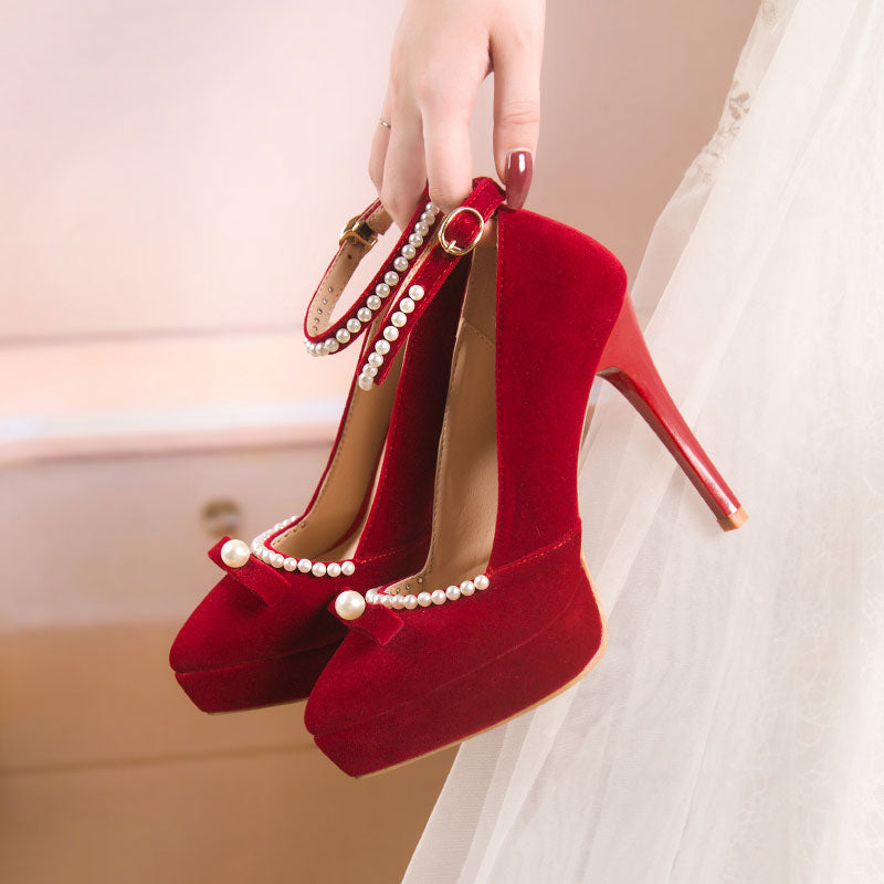 Beaded Red Bow Heels Shoes SE22652