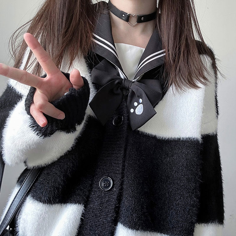 Black White Striped Cardigan Sweater Coat SE22616