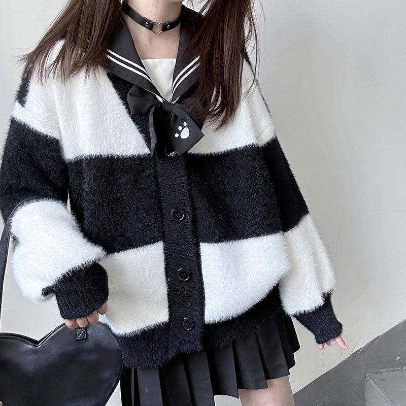 Black White Striped Cardigan Sweater Coat SE22616