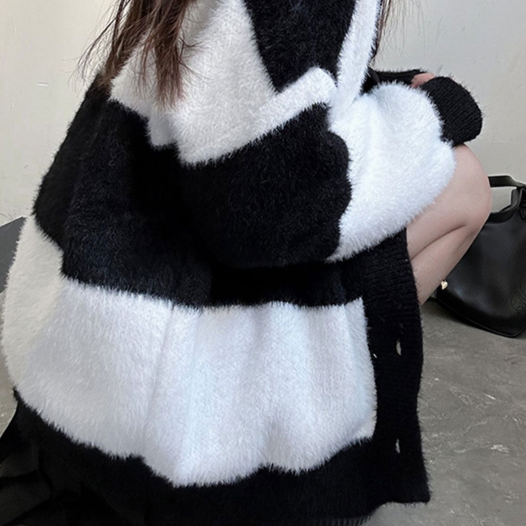 Black White Striped Cardigan Sweater Coat SE22616