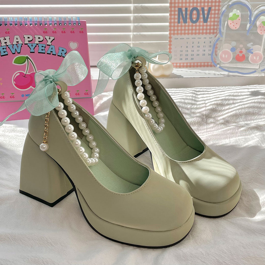 Bow Green Chunky Heels Shoes SE22633