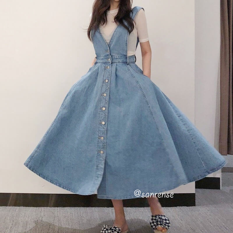 Button Pocket Strap Denim Dress SE20990