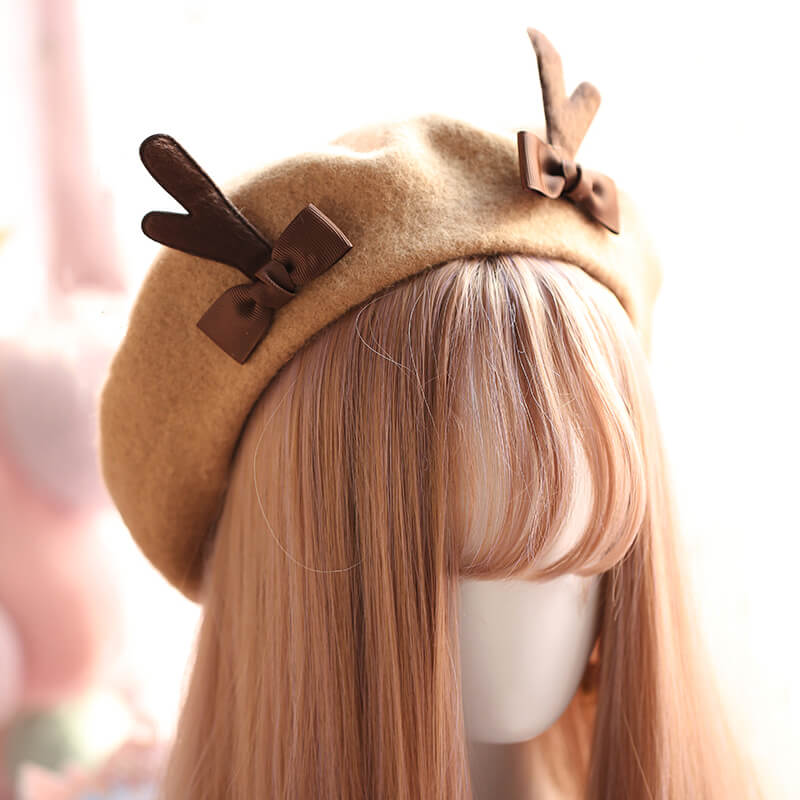 Cute Deer Horn Wool Berets Bowknot Cap SE20698