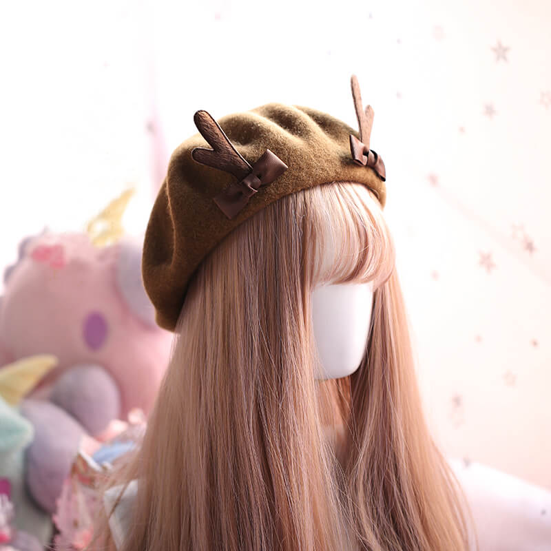 Cute Deer Horn Wool Berets Bowknot Cap SE20698