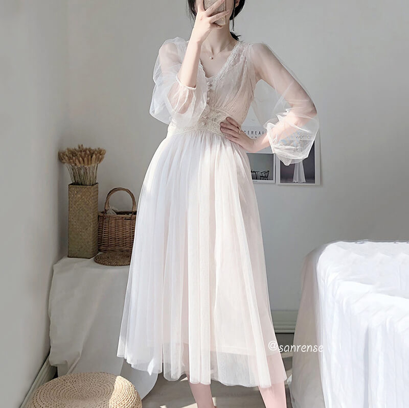 Elegant Button Puff Sleeve Lace Mesh Dress SE21006