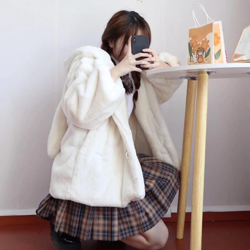 Horn Button Rabbit Ear Cat Claw Hoodie Plush Coat SE21378