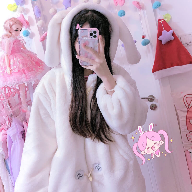 Horn Button Rabbit Ear Cat Claw Hoodie Plush Coat SE21378