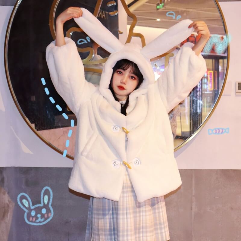 Horn Button Rabbit Ear Cat Claw Hoodie Plush Coat SE21378