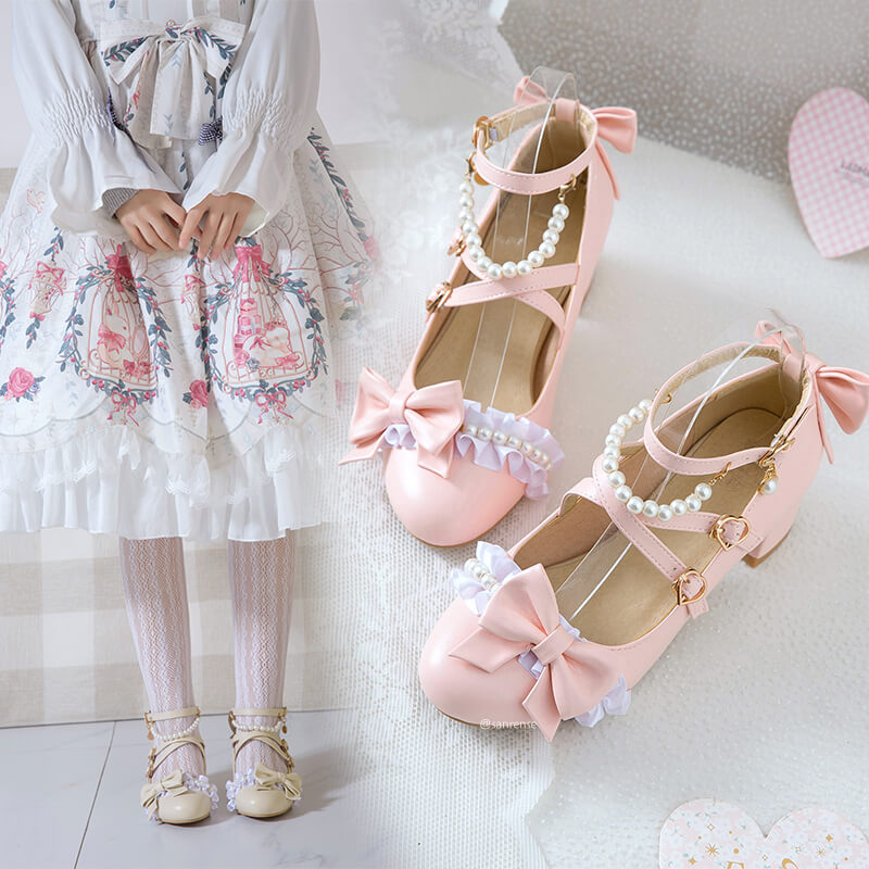Japanese Bow Pearl Lace Shoes SE21347