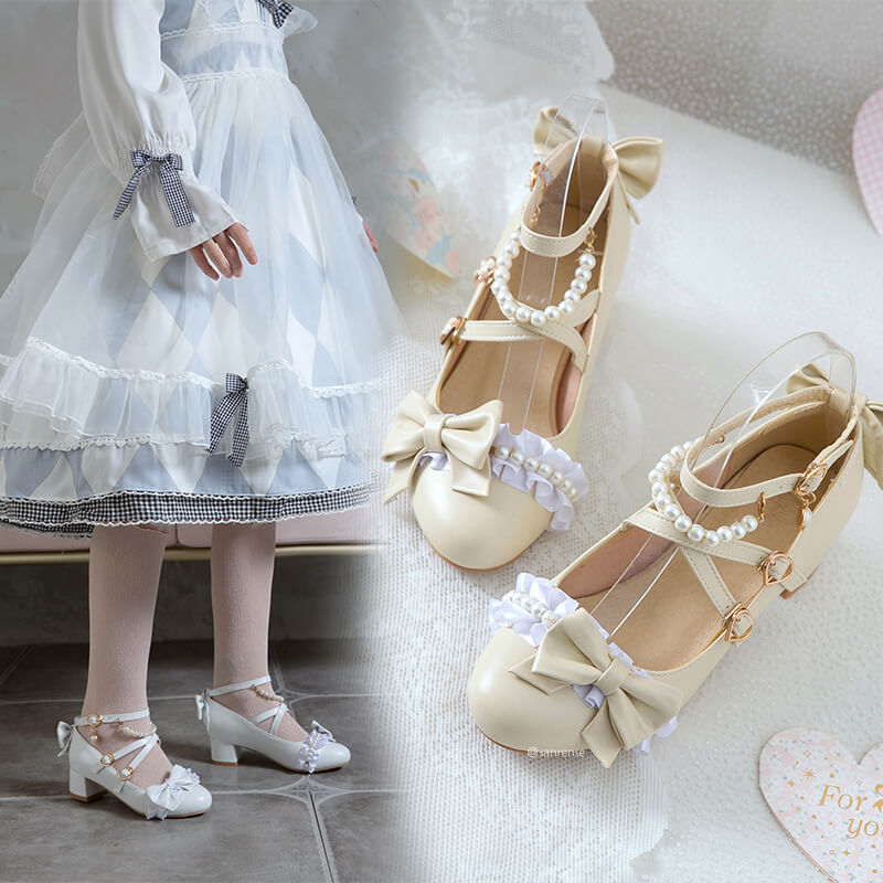 Japanese Bow Pearl Lace Shoes SE21347