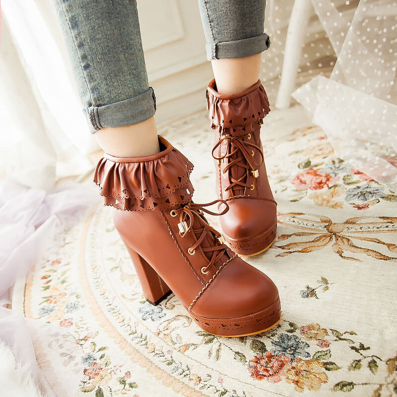 Lace up Flower Heels Boots SE5113