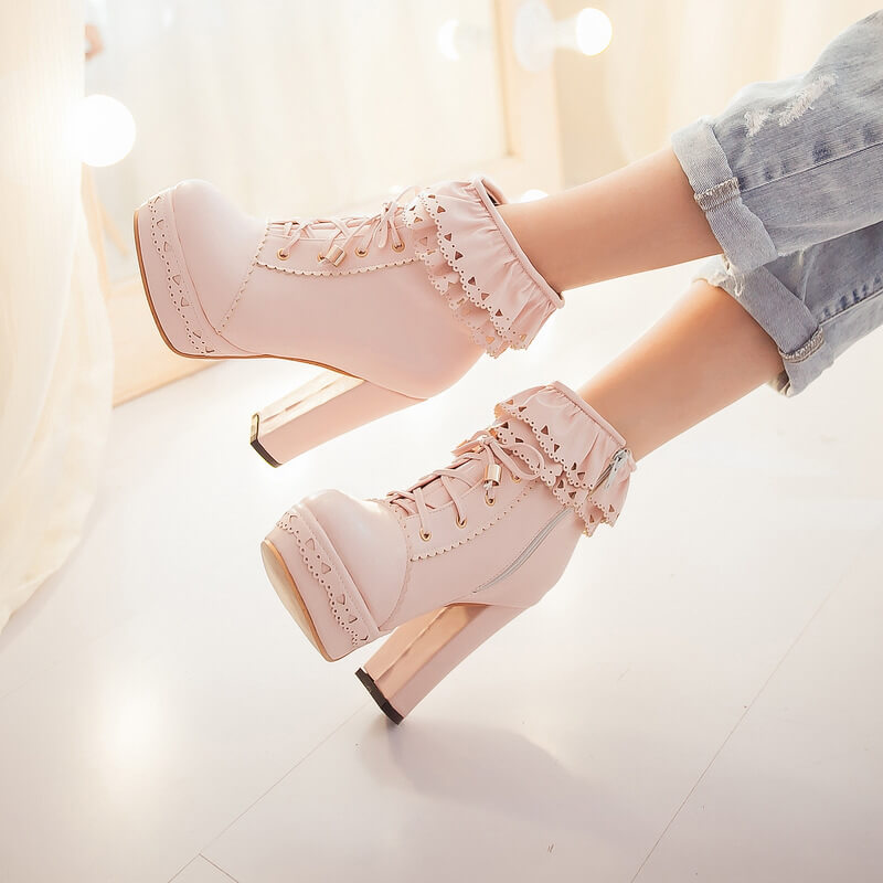 Lace up Flower Heels Boots SE5113