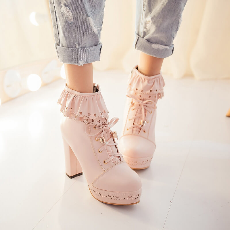 Lace up Flower Heels Boots SE5113