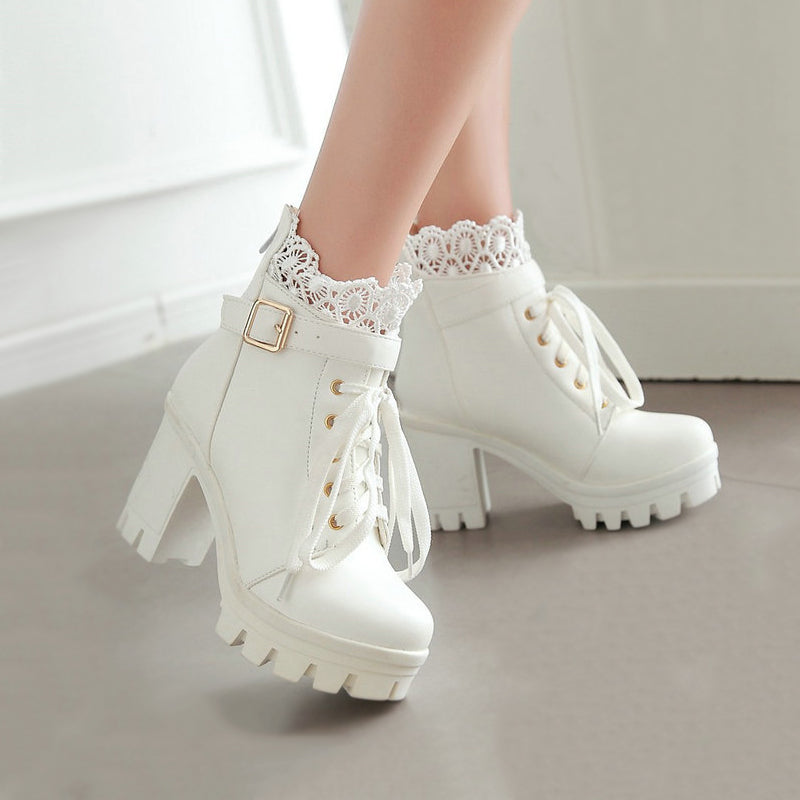 Lace Flower Heels Boots SE10711