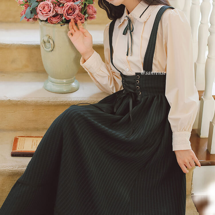 Lace Shirt Striped Suspender Skirt Set SE21174