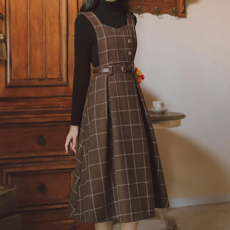 Plaid Woolen Strap Dress SE21982