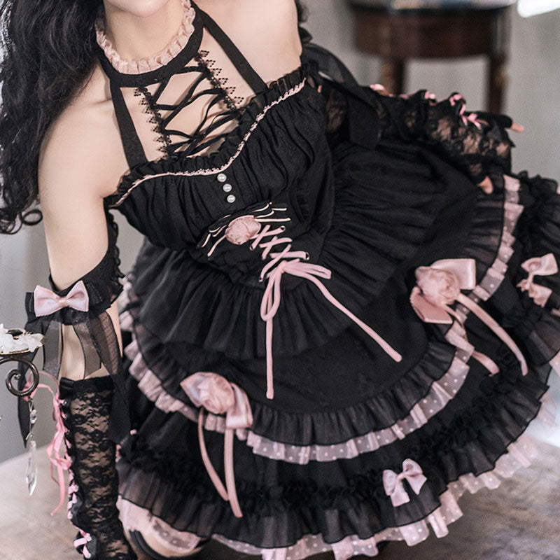 Rose Flower Bow Black Dress SE22543