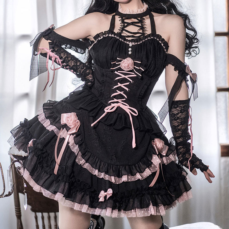 Rose Flower Bow Black Dress SE22543
