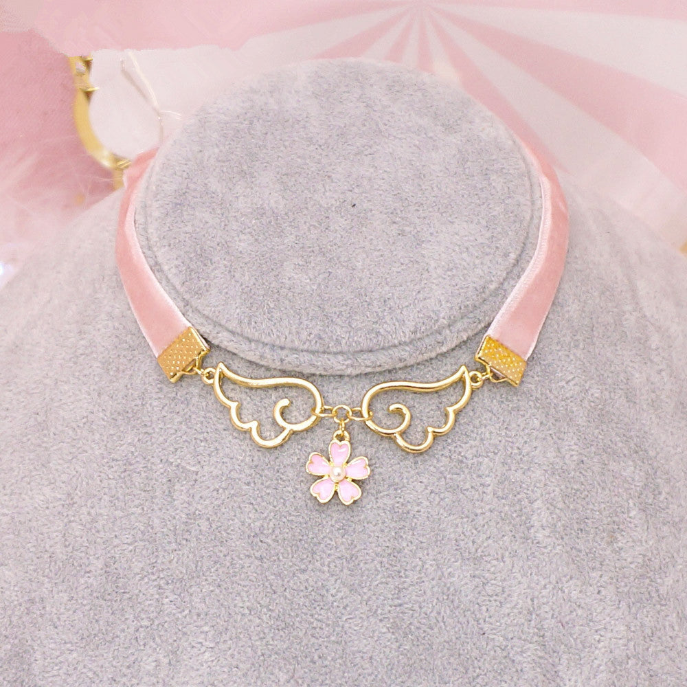 Pink harajuku wings flower necklace SE9909