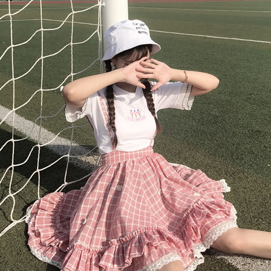 Sweet grid straps skirt / printed t-shirts SE11119