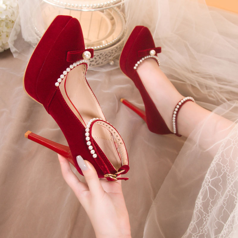 Beaded Red Bow Heels Shoes SE22652