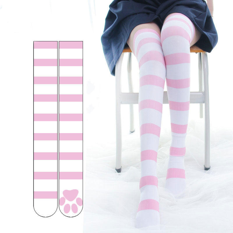 Lolita Over Knee Socks Strip Kawaii Cat Paw JK Stockings SE22459