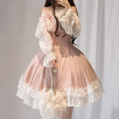 Off Shoulder Pink Lolita Dress Lace Long Sleeve Bow Ruffle Skirt SE23980