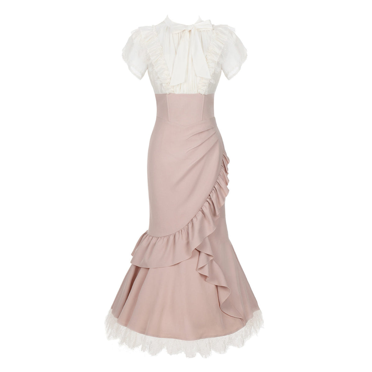 Color-Contrast Faux Two-Piece Fishbone Ruffle Waist Dress SE23988