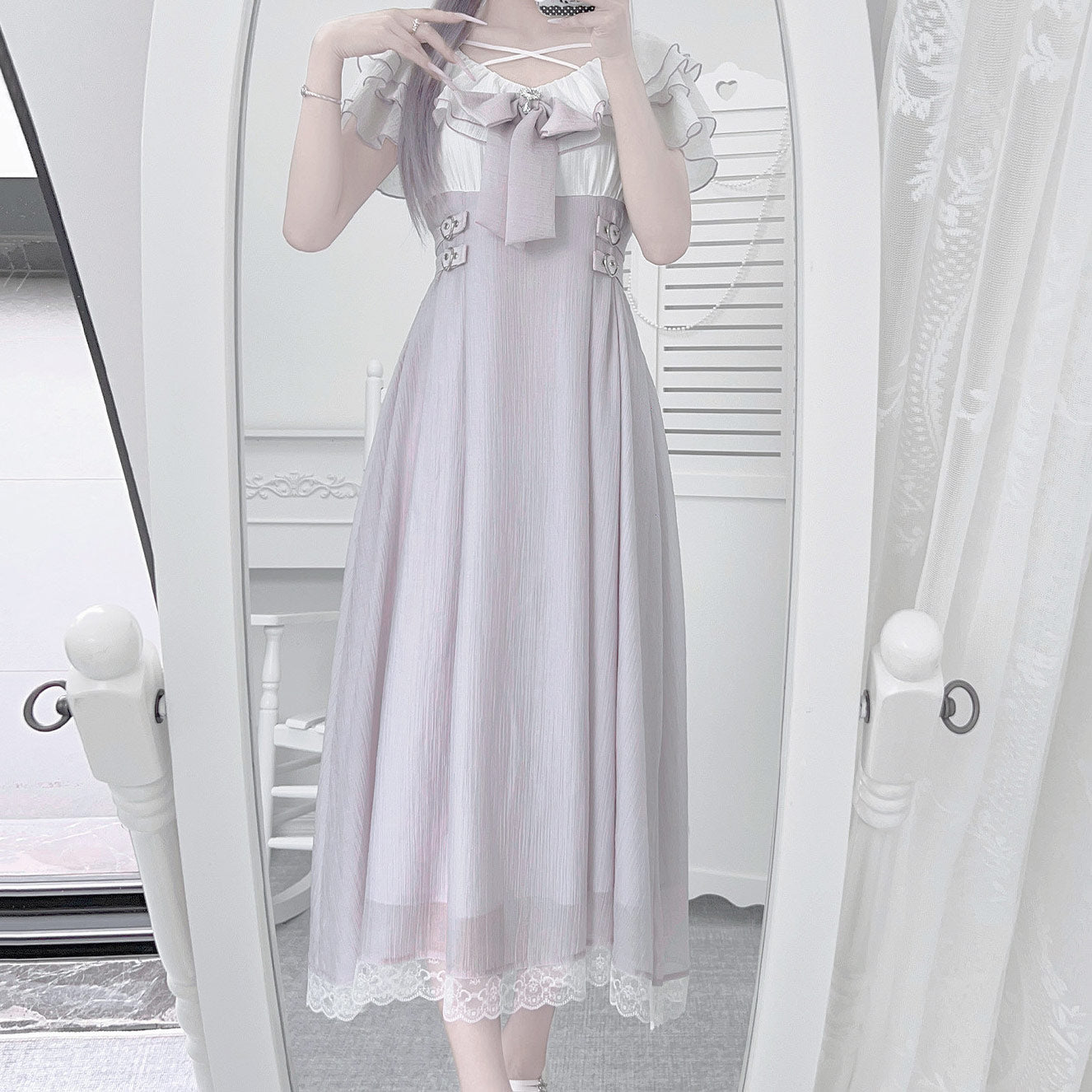 Lace Bow Ruffle Sleeve Lolita Midi Dress SE23967