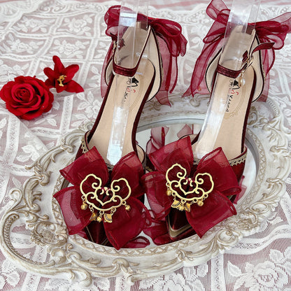 Red Lolita Wedding Heels with Gold Tassel Bow SE23963