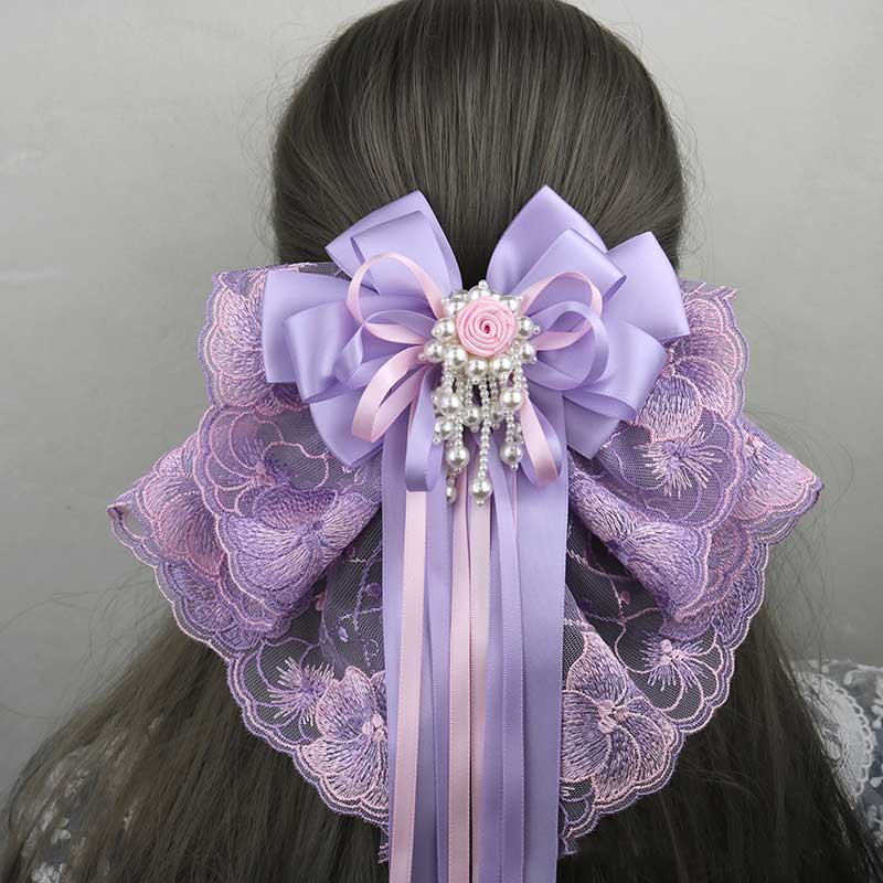 Purple Lace Flower Pearl Bow Hair Pin SE23064