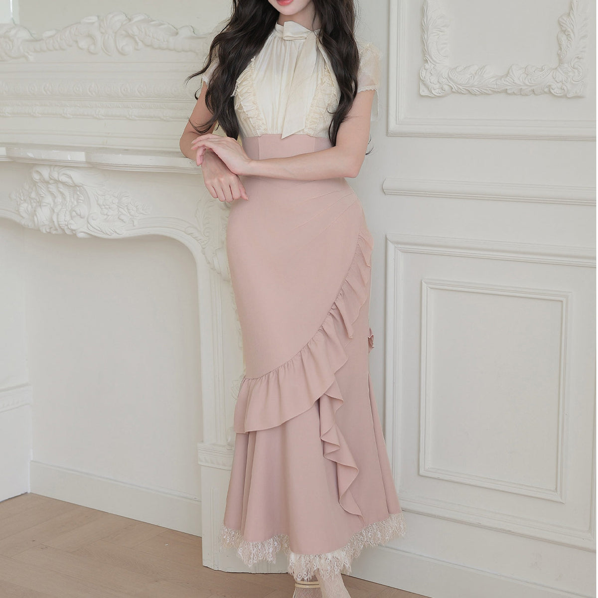 Color-Contrast Faux Two-Piece Fishbone Ruffle Waist Dress SE23988
