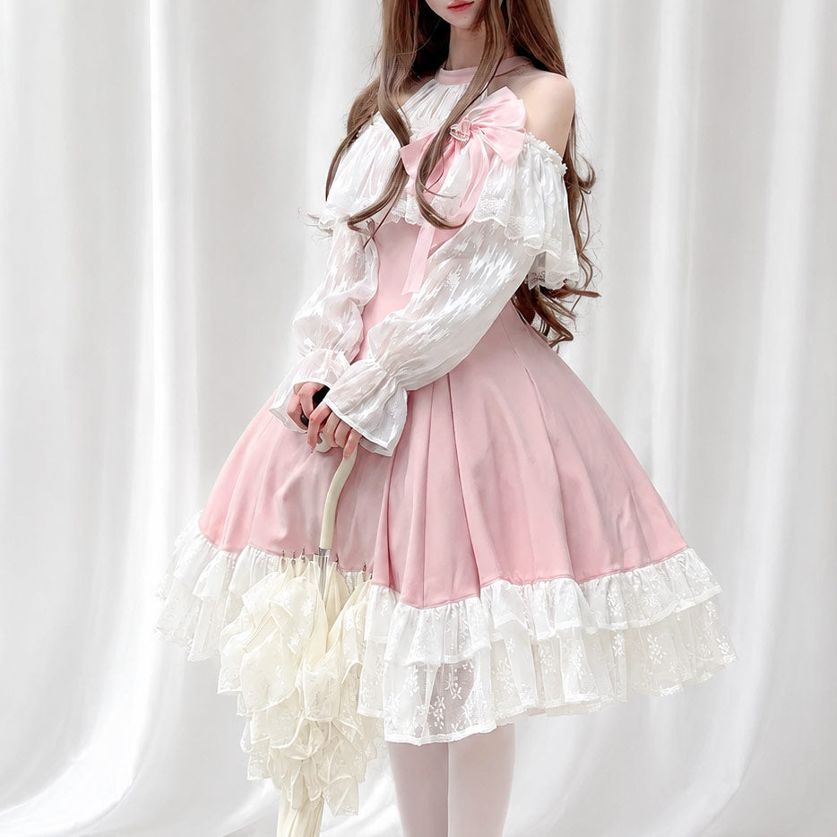 Off Shoulder Pink Lolita Dress Lace Long Sleeve Bow Ruffle Skirt SE23980