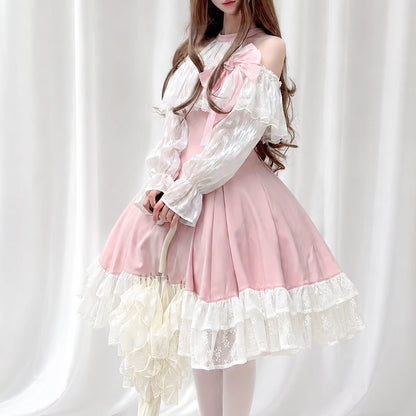 Off Shoulder Pink Lolita Dress Lace Long Sleeve Bow Ruffle Skirt SE23980