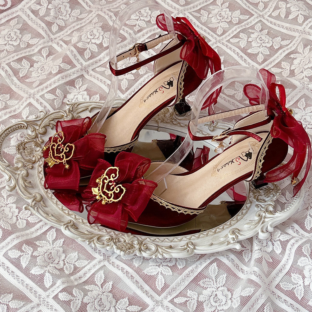 Red Lolita Wedding Heels with Gold Tassel Bow SE23963