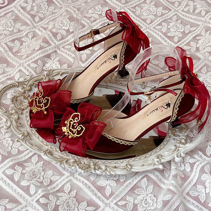 Red Lolita Wedding Heels with Gold Tassel Bow SE23963
