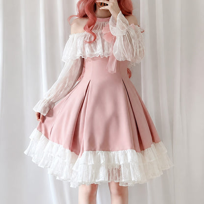 Off Shoulder Pink Lolita Dress Lace Long Sleeve Bow Ruffle Skirt SE23980