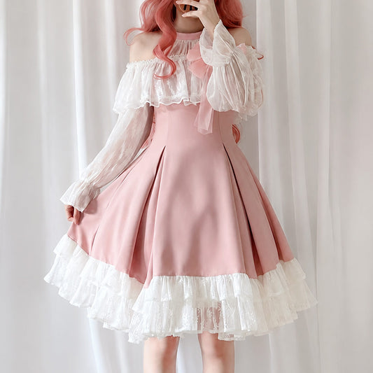 Off Shoulder Pink Lolita Dress Lace Long Sleeve Bow Ruffle Skirt SE23980