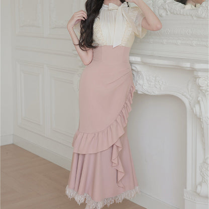 Color-Contrast Faux Two-Piece Fishbone Ruffle Waist Dress SE23988