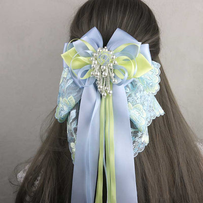 Blue Flower Long Tail Bow Hair Pin SE23052
