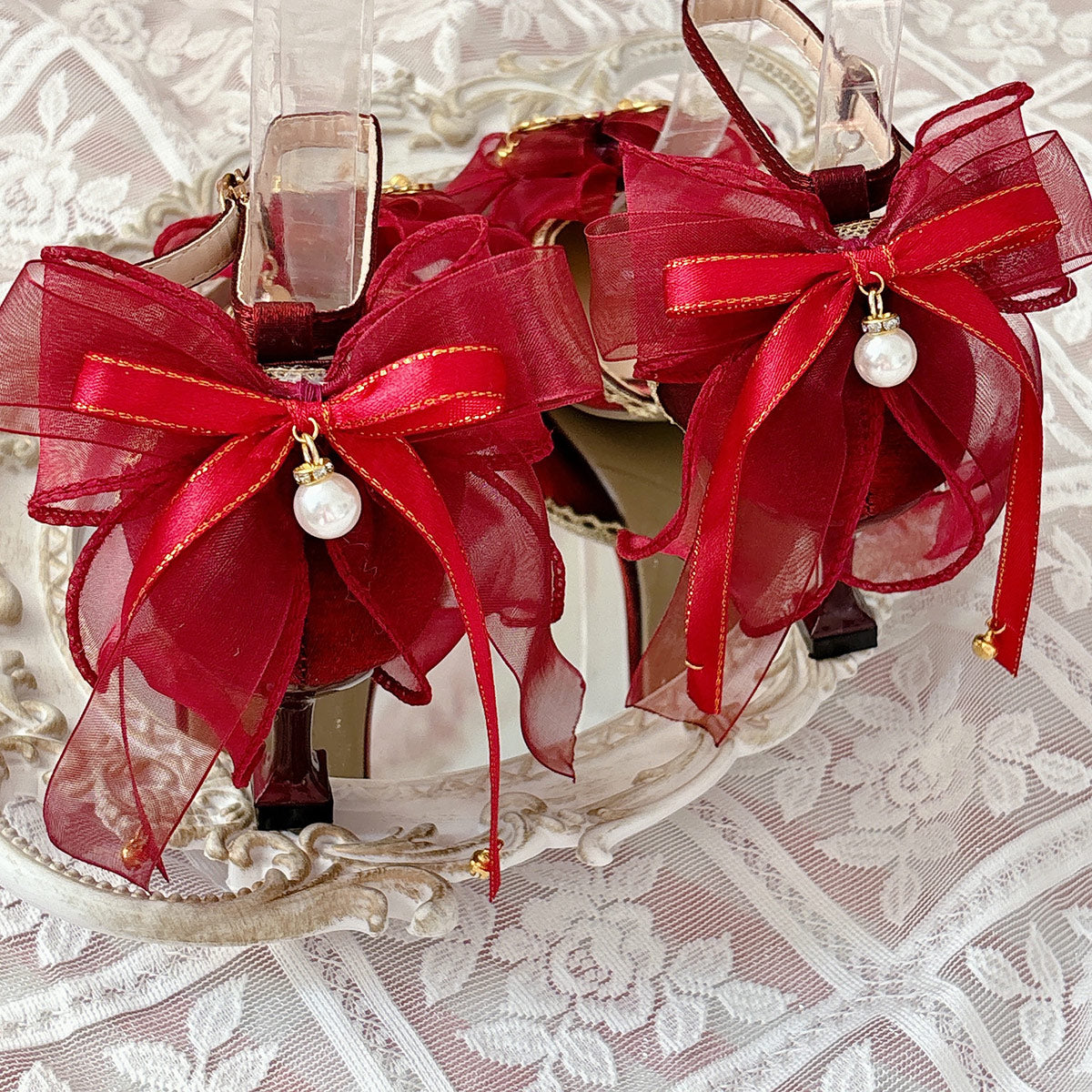Red Lolita Wedding Heels with Gold Tassel Bow SE23963