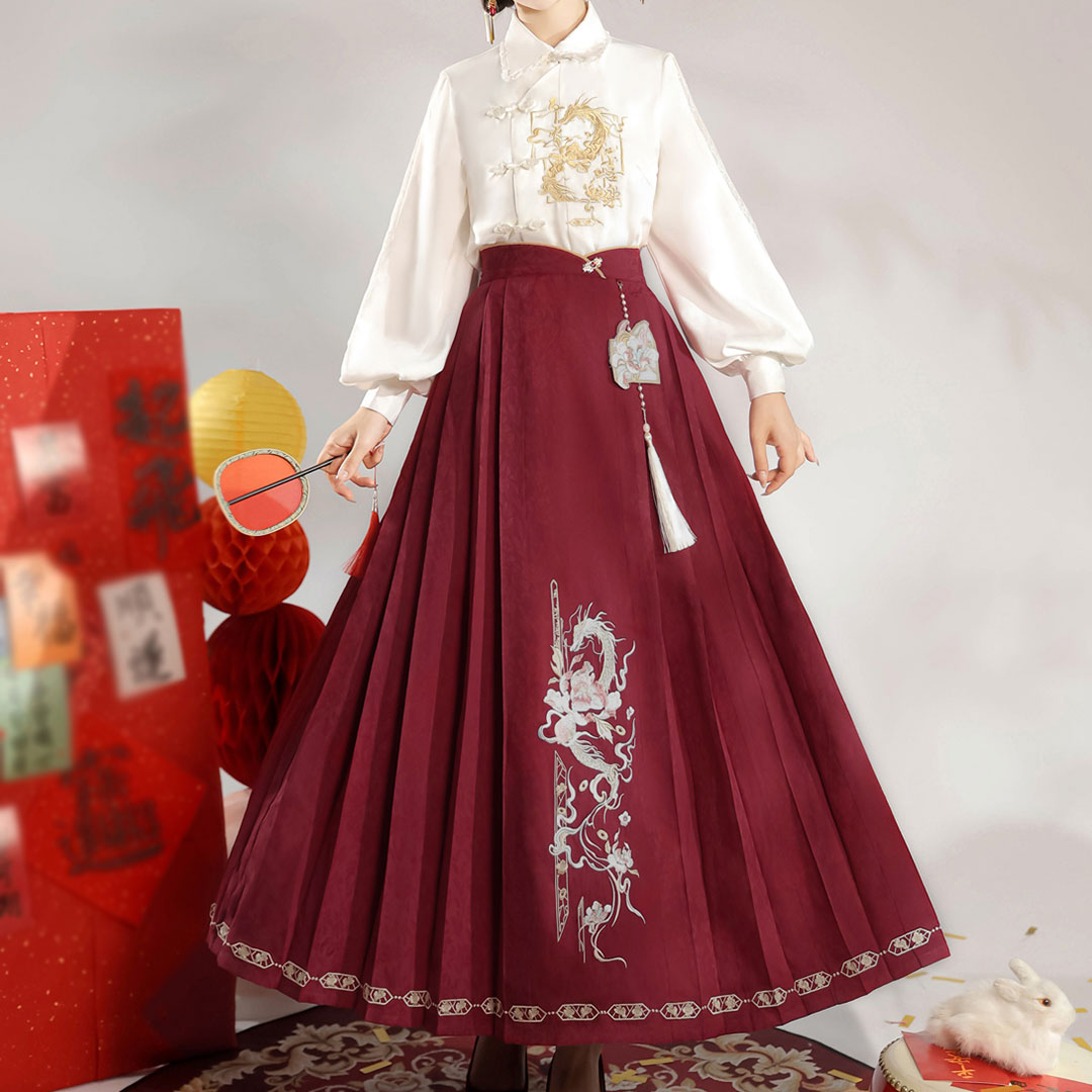 Loong Embroidery Shirt Flower Skirt Set SE23107
